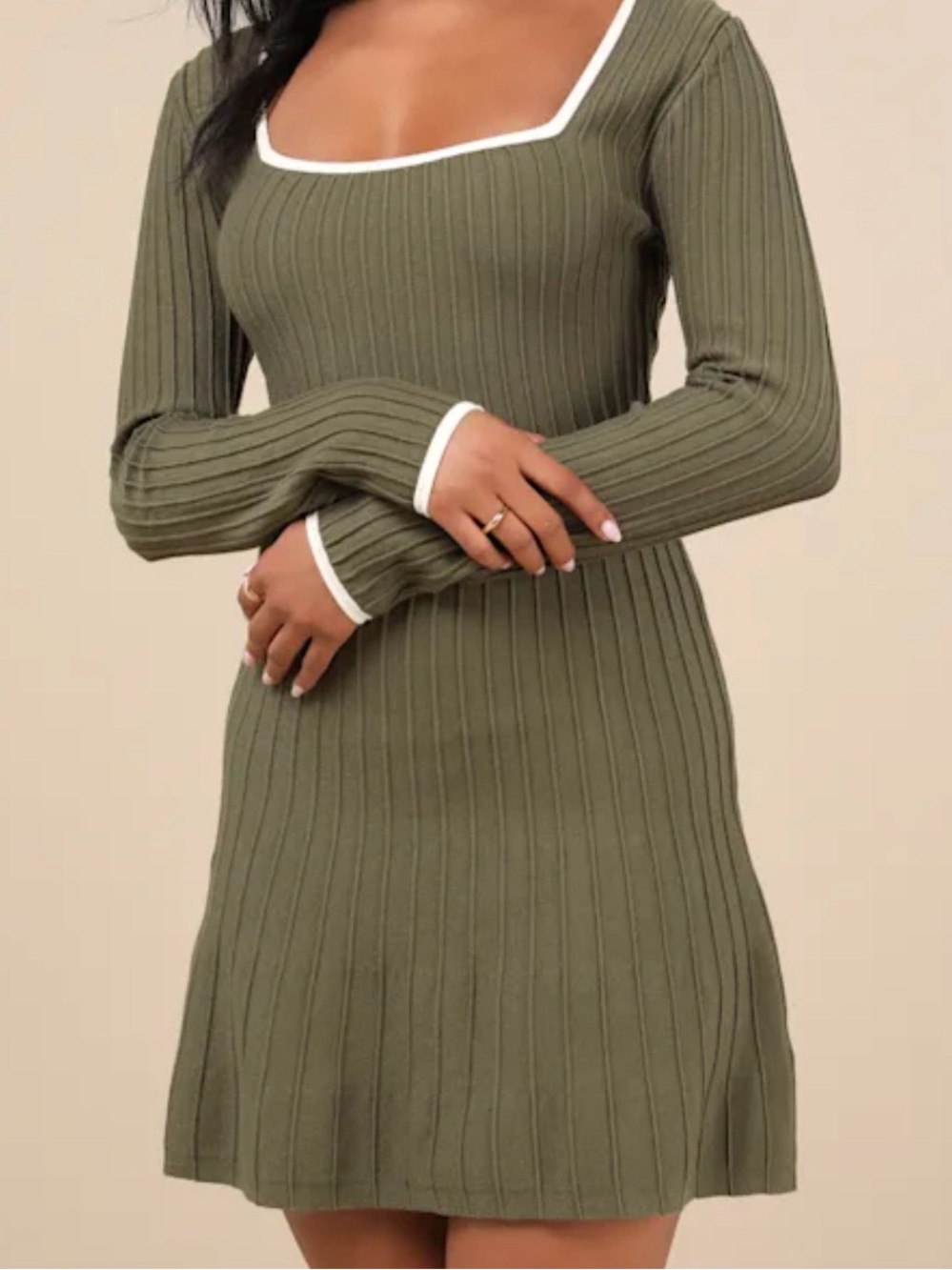 Lulu's Olive Ribbed Square-Neck Long Sleeve Dress with White Trim
